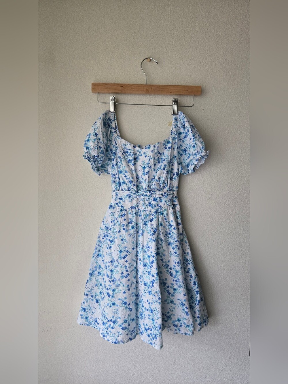 White & Blue Floral Puff Sleeve Sundress